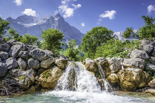 Picture of a waterfall in the Austrian Alps with trees and mountains