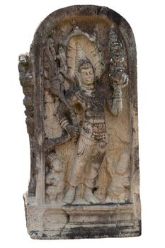Ancient guardstone Naga Raja (King of snakes) at vatadage in Polonnaruwa, Sri Lanka isolated on white. Naga Raja is a guardian of wealth and harbinger of prosperity.