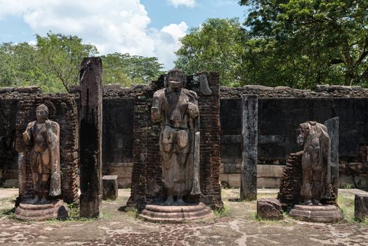 Statues in ancient temple, Polonnaruwa, Sri Lanka. Hatadage is tooth relic temple in Sri Lanka.