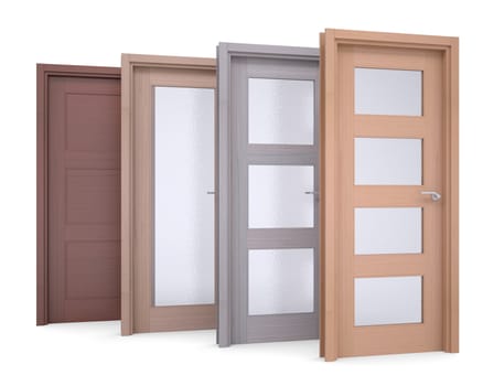 Group of wooden doors. Isolated render on a white background