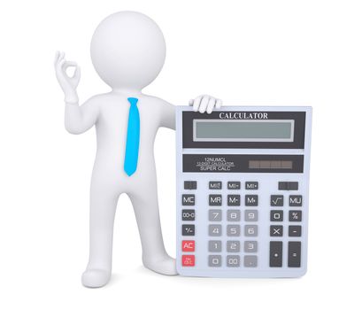 3d white man holding a calculator. Isolated render on a white background