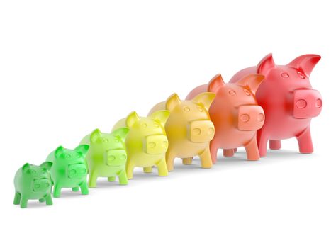 Colourful Piggy bank in a row. Isolated render on white background