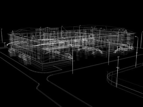 Abstract archticture. Wire-frame render on black background