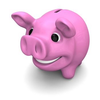 Happy pink piggy bank, concept of savings and investments, isolated on white background