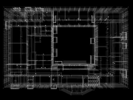 Abstract archticture. Wire-frame render on black background