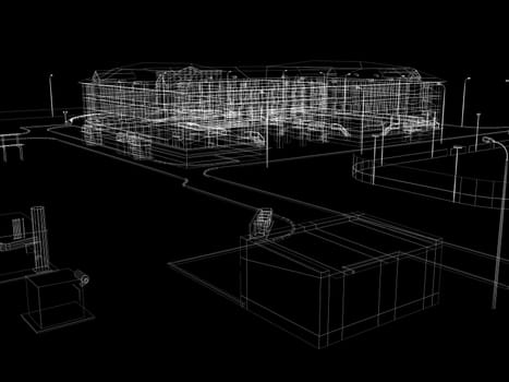 Abstract archticture. Wire-frame render on black background