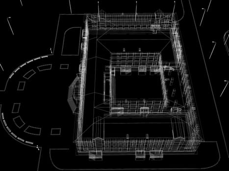 Abstract archticture. Wire-frame render on black background