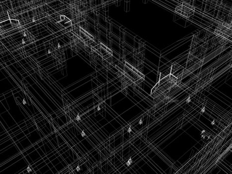 Abstract archticture. Wire-frame render on black background