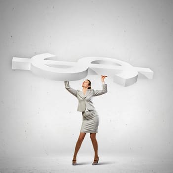 Image of businesswoman holding macro sign of dollar