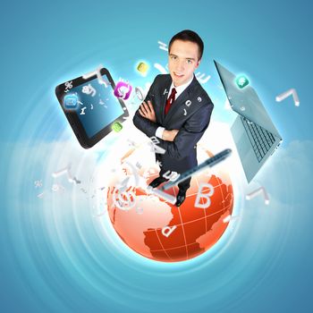 Modern technology illustration with computers and business person