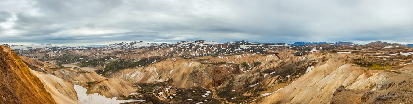 Beautiful multicolored mountains at Landmannalaugar, Iceland. Ultrawide panoramic photo