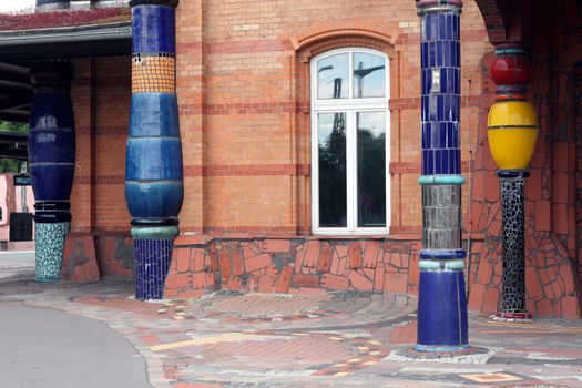 Detail of the German railway station at Uelzen constructed according to plans by the Austrian architect and artist Friedensreich Hundertwasser. Landmark. Public building. Uelzen, 21 June 2013