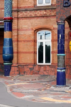 Detail of the German railway station at Uelzen constructed according to plans by the Austrian architect and artist Friedensreich Hundertwasser. Landmark. Public building. Uelzen, 21 June 2013