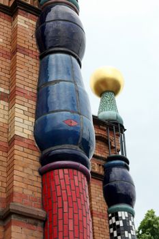 Detail of the German railway station at Uelzen constructed according to plans by the Austrian architect and artist Friedensreich Hundertwasser. Landmark. Public building. Uelzen, 21 June 2013