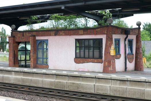 Detail of the German railway station at Uelzen constructed according to plans by the Austrian architect and artist Friedensreich Hundertwasser. Landmark. Public building. Uelzen, 21 June 2013