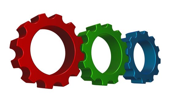 gear wheels in rgb colors on white background - 3d illustration