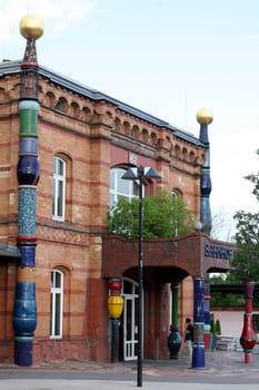 Detail of the German railway station at Uelzen constructed according to plans by the Austrian architect and artist Friedensreich Hundertwasser. Landmark. Public building. Uelzen, 21 June 2013