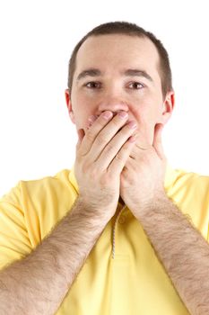 man closes the mouth with her hands on a white background