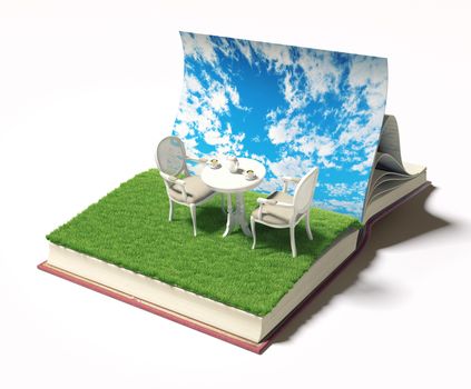 open book with table and chairs on the meadow. 3d concept 