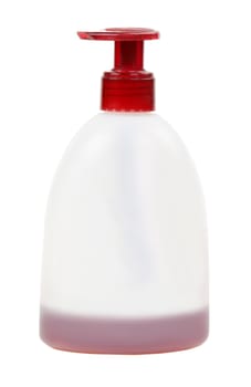 Cosmetic bottle with red cap on a white background