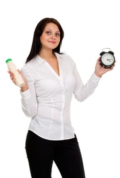 beautiful girl with yogurt and clock isolated on white