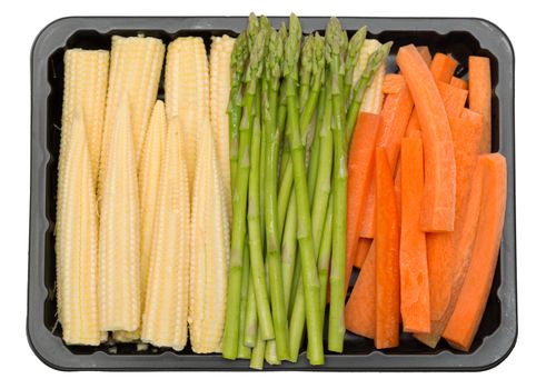 fresh vegetables in a box - corn, asparagus and carrots