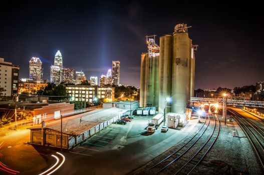 Charlotte City Skyline and architecture at night and milling factory