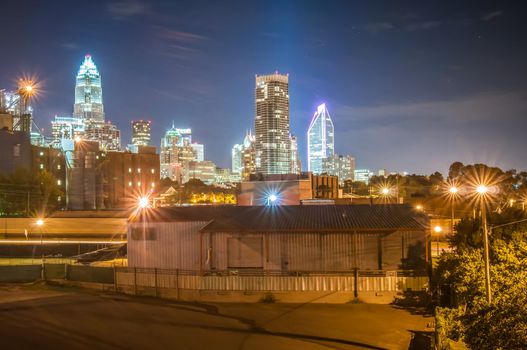 Charlotte City Skyline and architecture at night and milling factory