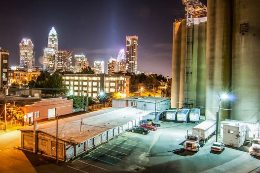 Charlotte City Skyline and architecture at night and milling factory