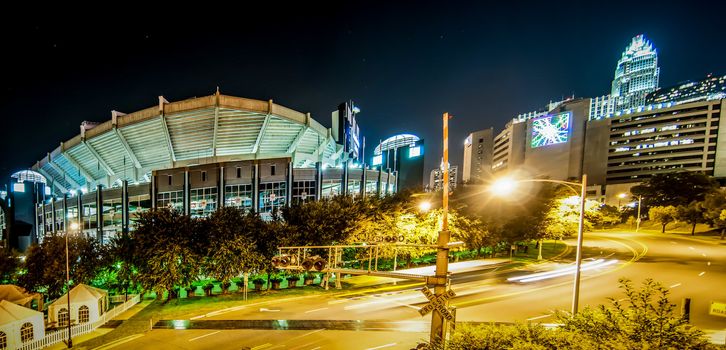 Charlotte City Skyline and architecture at night with nfl stadium