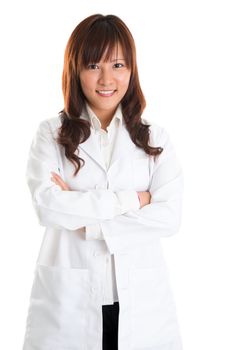 Beautician. Asian beauty spa massage therapist woman in lab coat standing isolated on white background