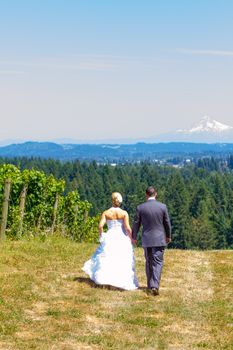 A bride and groom walk away from the camera at a vineyard at a winery in Oregon near portland and mount hood.