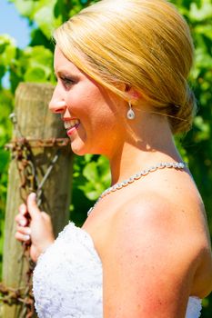 A beautiful bride wearing her wedding dress on her special day at a vineyard outdoors in Oregon during the summer.