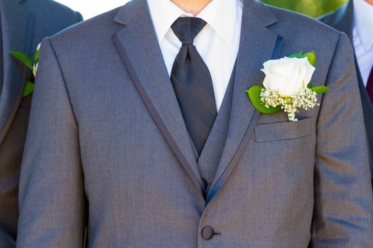 An attractive groom poses for a portrait on his happy wedding day outside at a winery vineyard in Oregon during the summer.