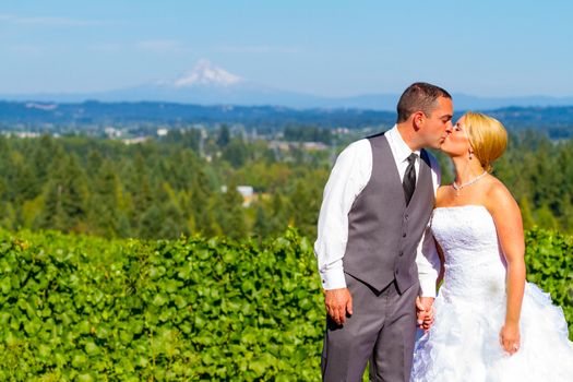 A bride and groom enjoy a view of mount hood in the background from this high elevation winery vineyard in Oregon just outside of Portland.