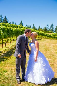 A bride and groom share a romantic kiss on their wedding day at a winery vineyard in oregon.