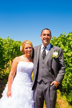 A bride and groom pose for portraits on their wedding day at a winery vineyard outdoors in oregon.