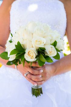 A beautiful bride wearing her wedding dress on her special day at a vineyard outdoors in Oregon during the summer.