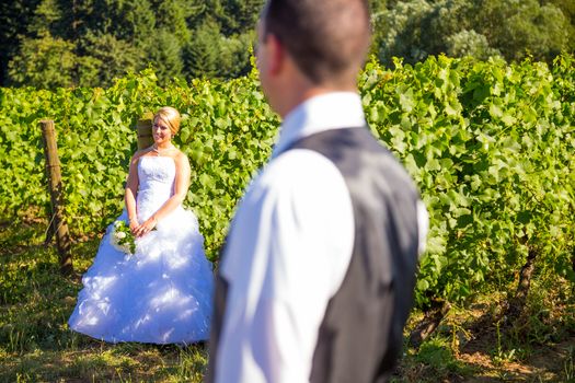 A shallow depth of field is used on this shallow focus layered shot of a bride and groom on their wedding day at a vineyard winery in Portland Oregon.