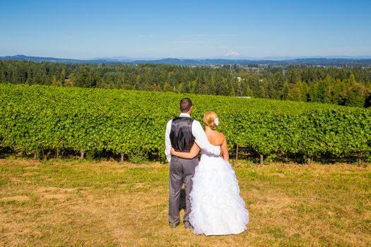 A bride and groom enjoy a view of mount hood in the background from this high elevation winery vineyard in Oregon just outside of Portland.