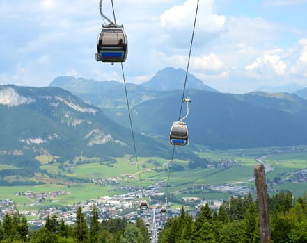 Cable Cars On An Alpine Mountainside In Austria