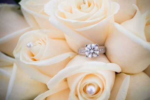 The rings of a bride and groom are photographed with a macro lens to show the closeup detail of these fine pieces of jewelry.