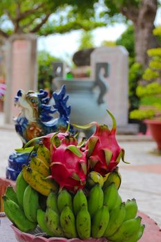 Bananas and dragon fruits on a plate in a vietnamese garden