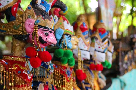 Hand-painted Javanese puppets. Theatre performances with puppets are very popular in Indonesia.