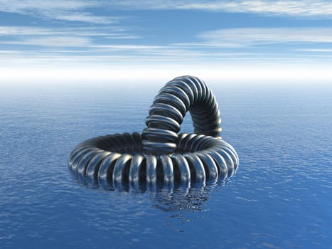 abstract metal rings construction at water - 3d illustration