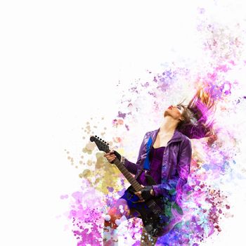 Rock passionate girl with colored splashes and smoke