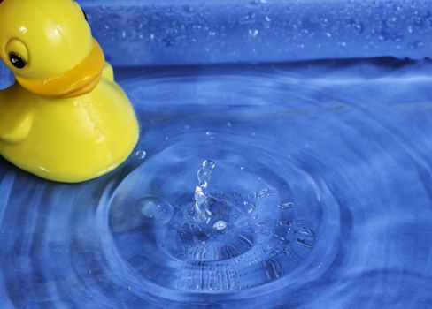A close shot of a water splash with a yellow rubber duck in the corner.