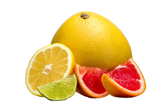 Fruits on a white background: orange, grapefruit, pamela, lime