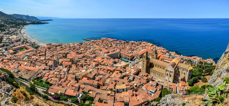 Panoramic view of village Cefalu and ocean, Sicily, Italy