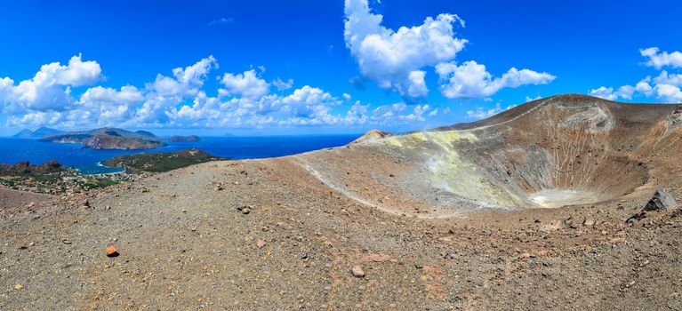 Panoramic view of volcano crater and Lipari islands, Sicily, Italy
